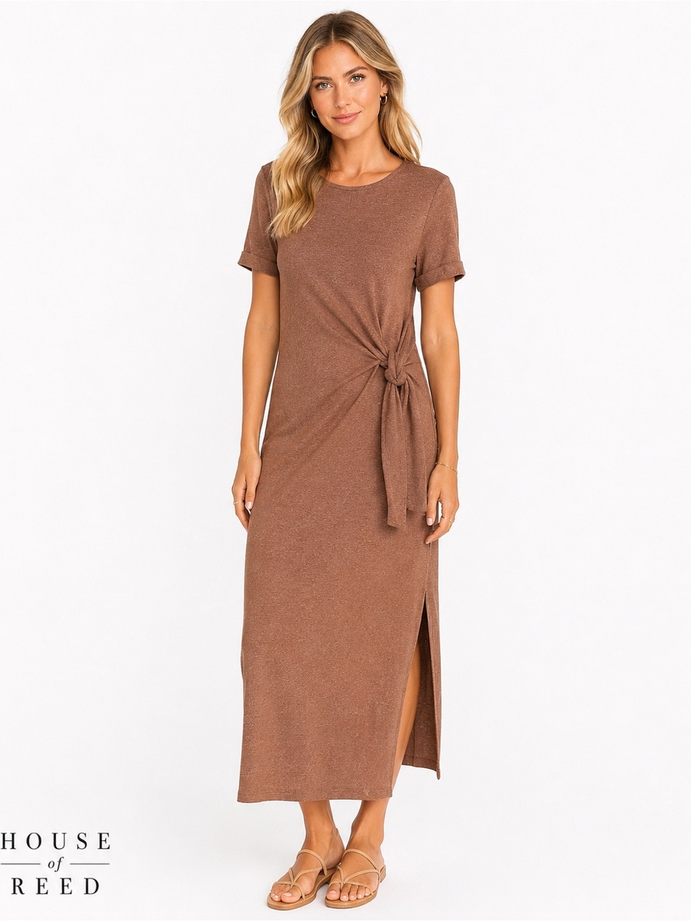 Melloday Nordstrom NWT Brown Knit Midi Dress Side Tie Slit Stretch Tee Dress